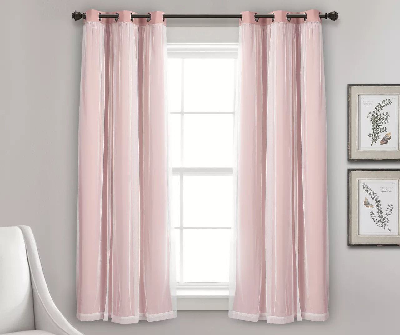 Lush Pink Blackout Grommet Curtain Panel Pair With Sheer Overlay, (63") - Image 2