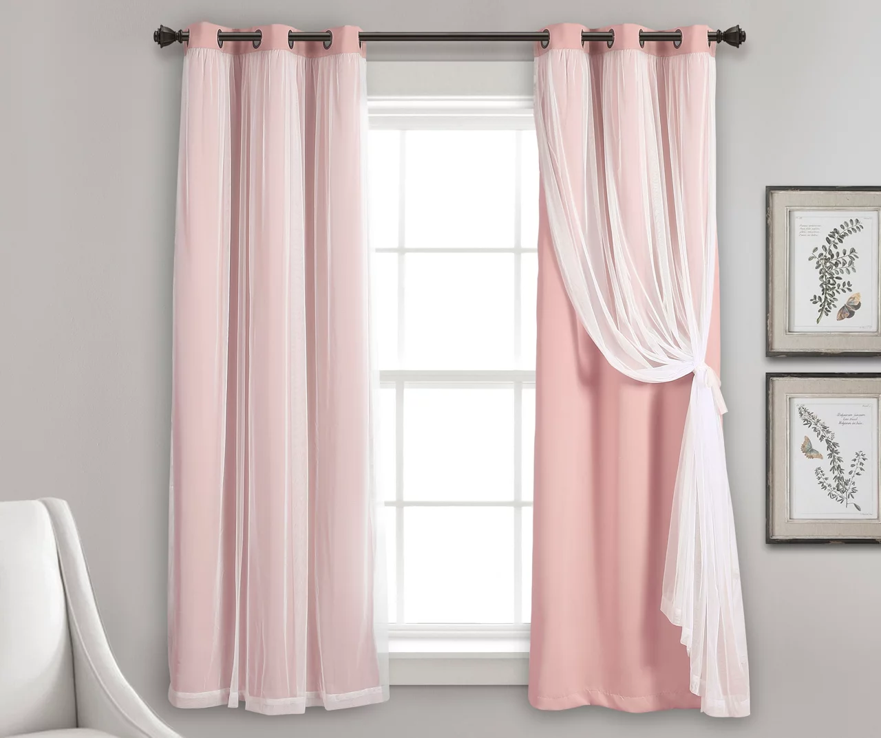 Lush Pink Blackout Grommet Curtain Panel Pair With Sheer Overlay, (63")