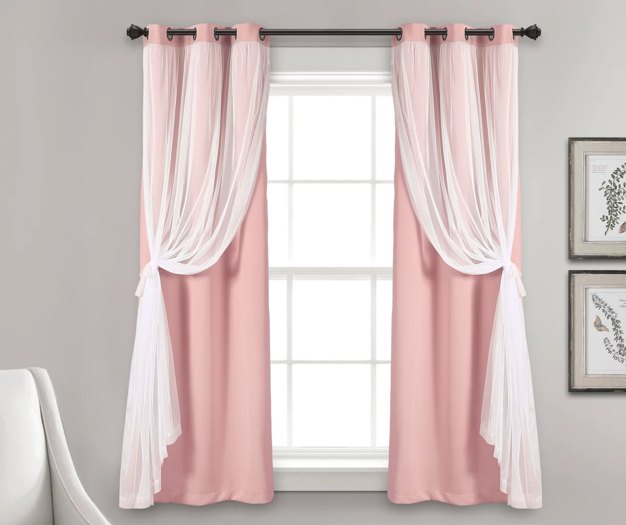 Lush Pink Blackout Grommet Curtain Panel Pair With Sheer Overlay, (63") - Image 3