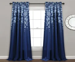 Weeping Flowers Navy Room-Darkening Rod Pocket Curtain Panel Pair, (95")