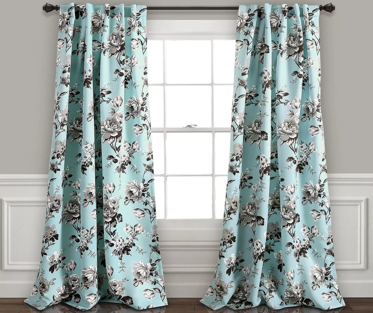 Tania Floral Blue & Gray Room-Darkening Back Tab Curtain Panel Pair, (95")