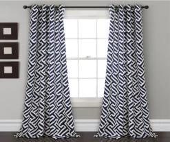 Giovana Navy Geometric Room-Darkening Grommet Curtain Panel Pair, (84")