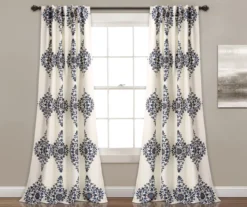 Keya Medallion Cream & Blue Room-Darkening Back Tab Curtain Panel Pair, (84")