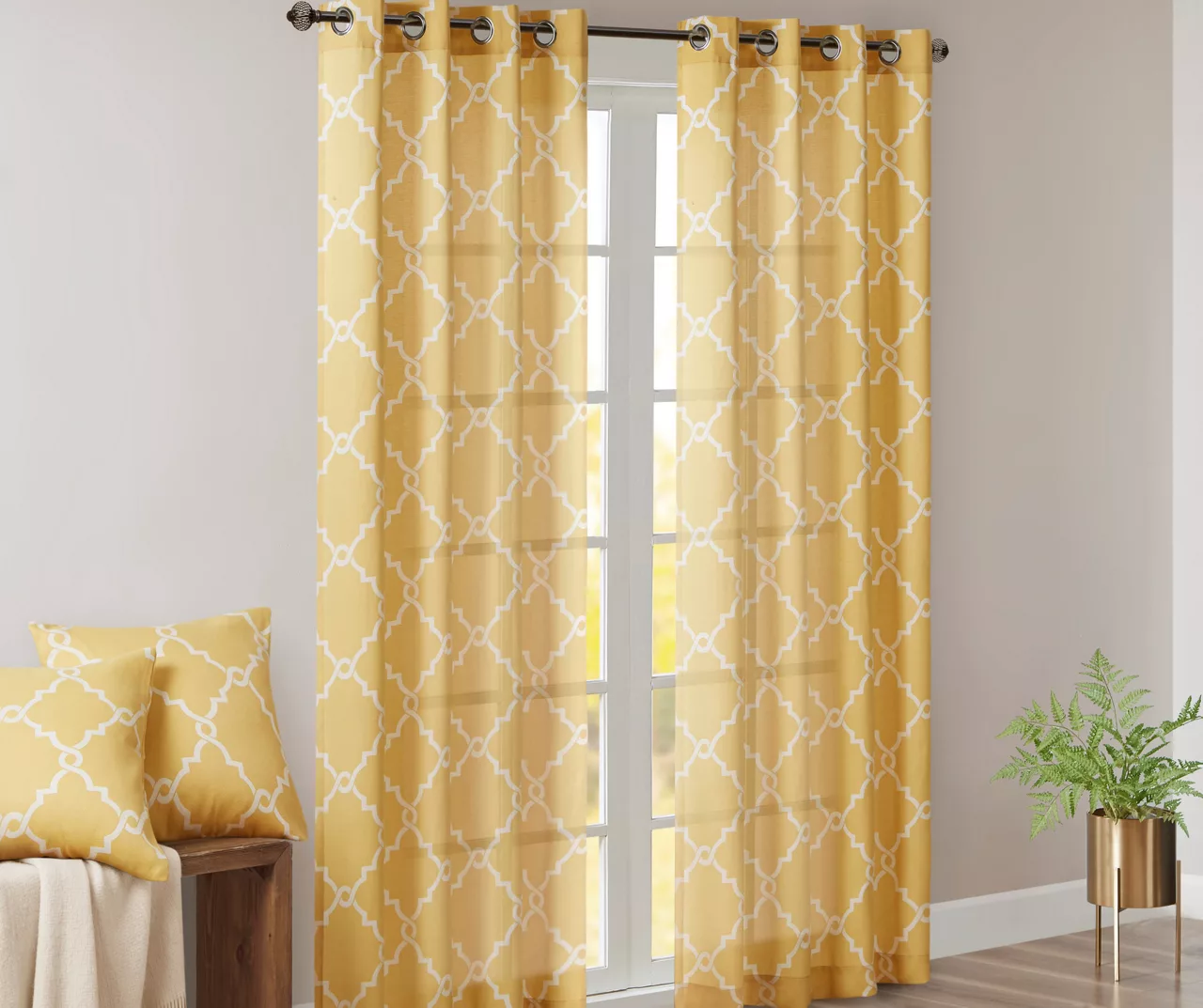 Sereno Fretwork Yellow Light-Filtering Grommet Curtain Panel, (95") - Image 2