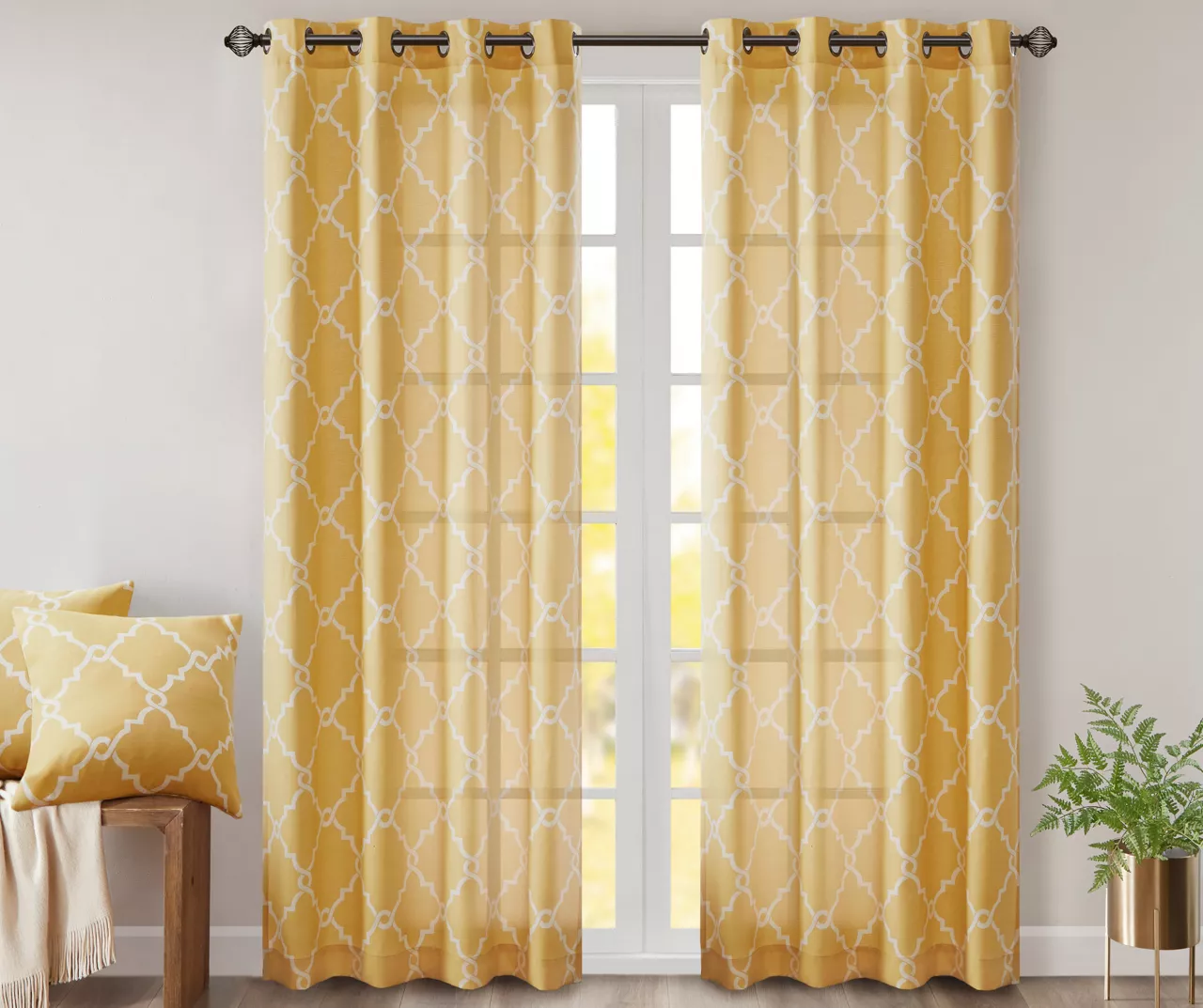 Sereno Fretwork Yellow Light-Filtering Grommet Curtain Panel, (95")