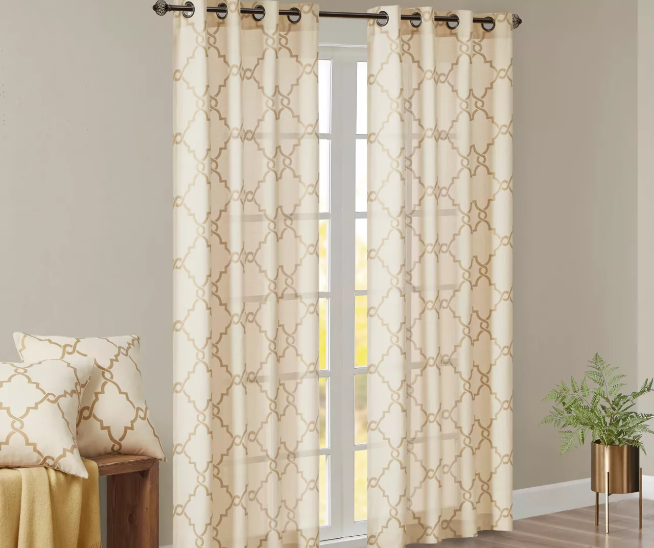 Sereno Fretwork Beige & Gold Light-Filtering Grommet Curtain Panel, (63") - Image 2