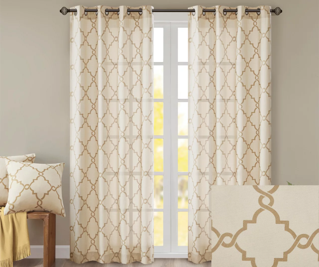 Sereno Fretwork Beige & Gold Light-Filtering Grommet Curtain Panel, (63") - Image 3