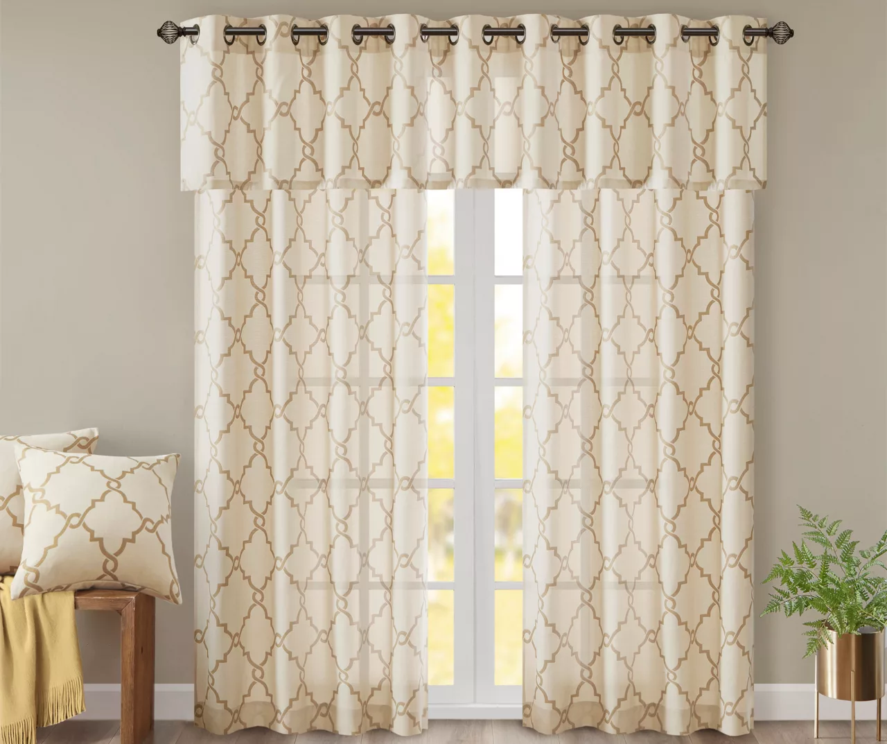 Sereno Fretwork Beige & Gold Light-Filtering Grommet Curtain Panel, (63") - Image 10