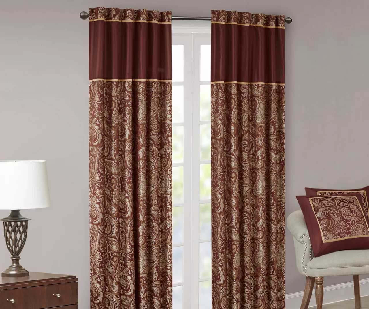Valerie Burgundy Light-Filtering Rod Pocket Curtain Panel Pair, (84") - Image 2