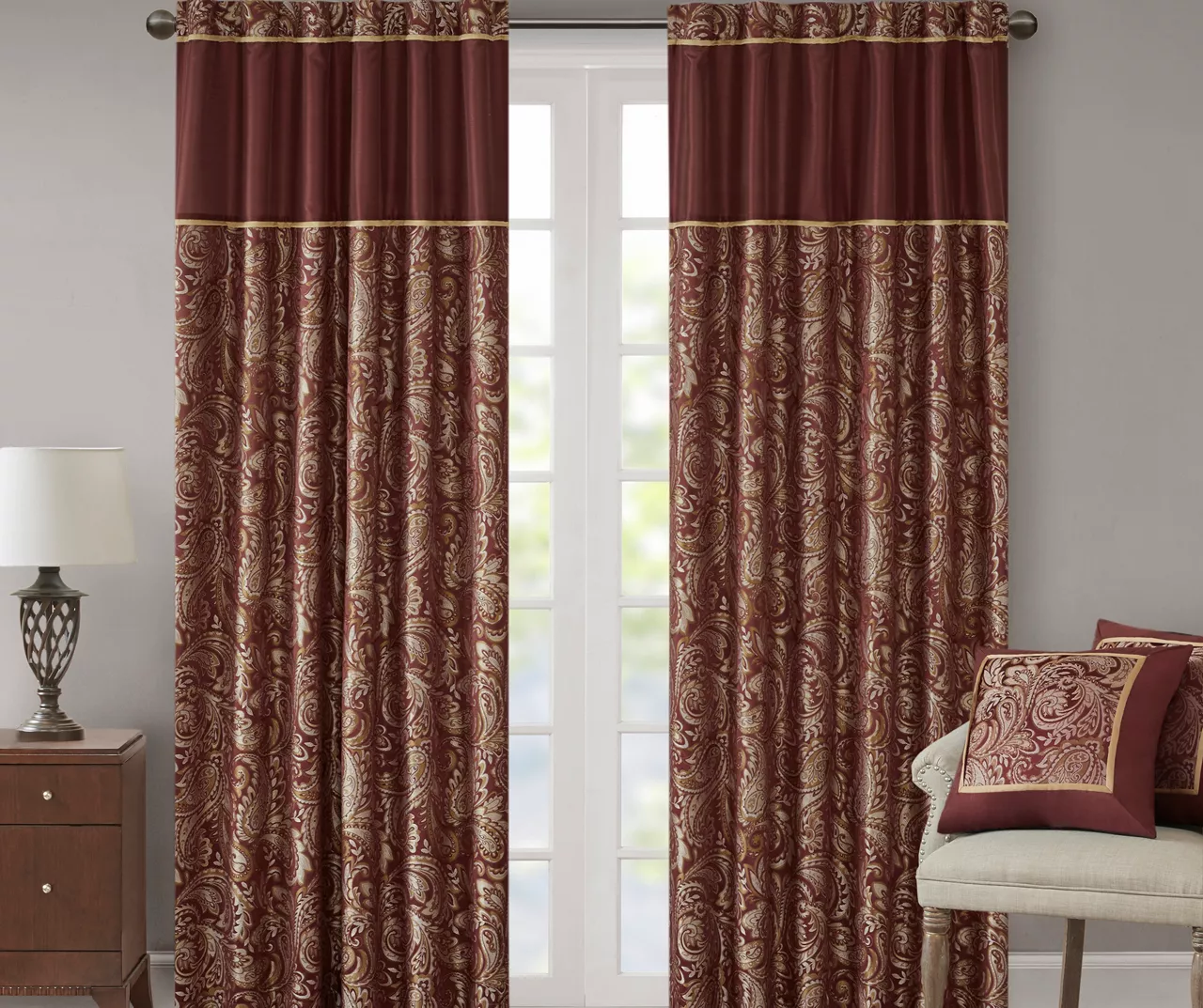 Valerie Burgundy Light-Filtering Rod Pocket Curtain Panel Pair, (84")