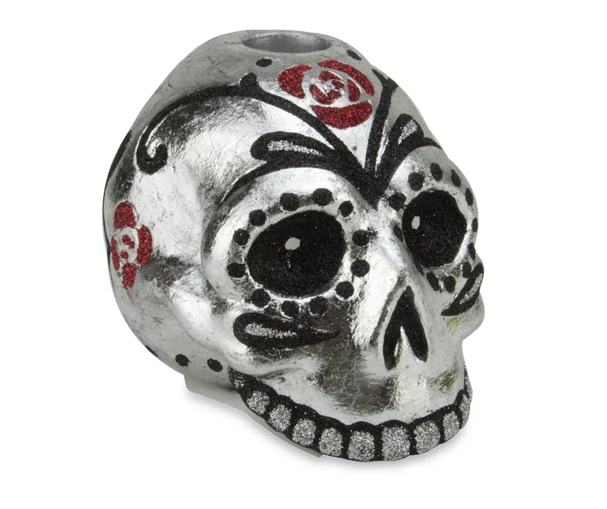 Silver Sugar Skull Taper Candle Holder