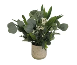 Green Artificial Eucalyptus & Olive Leaf Arrangement In Tan Speckled Pot