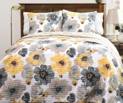 Leah White, Yellow & Gray Floral King 3-Piece Quilt Set