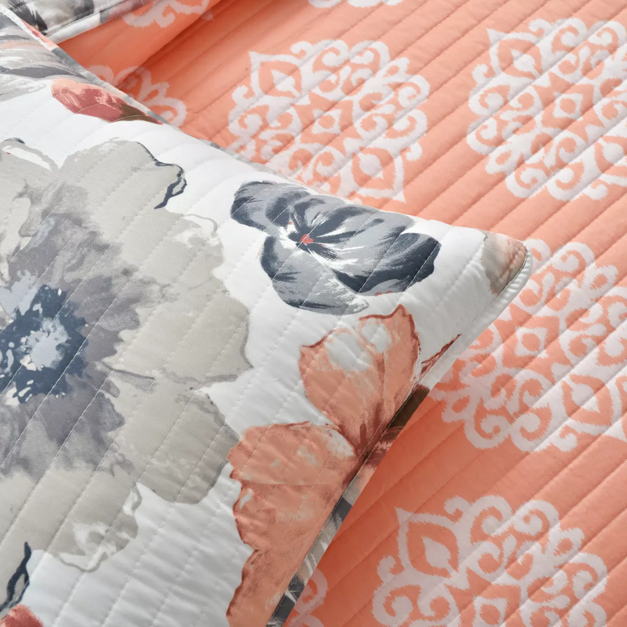 Leah Gray & Coral Floral Full/Queen 3-Piece Quilt Set - Image 9