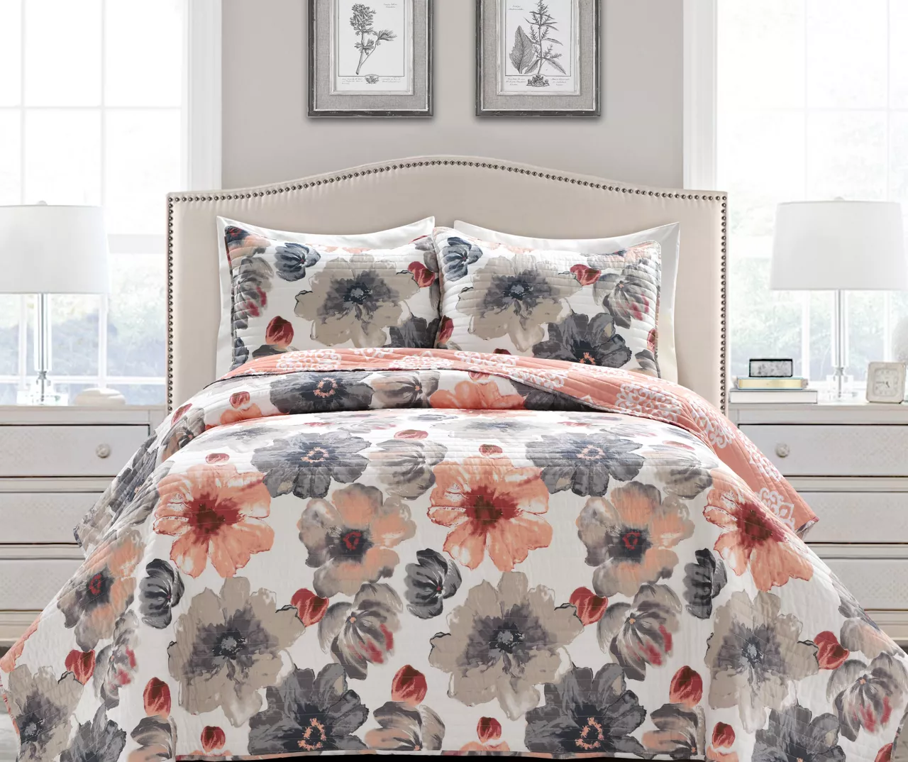 Leah Gray & Coral Floral Full/Queen 3-Piece Quilt Set