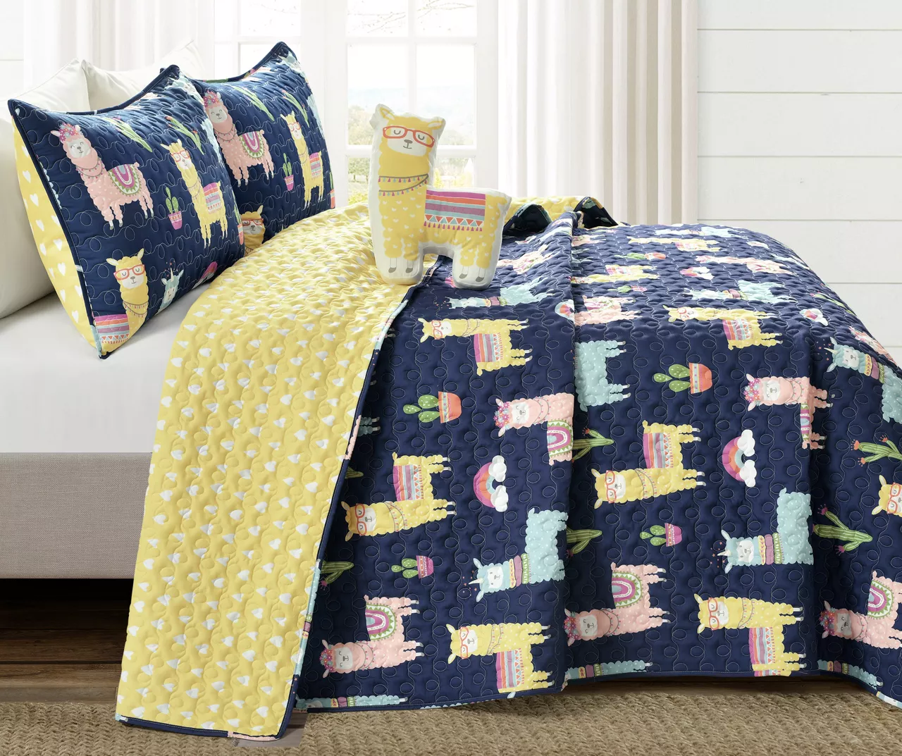 Navy & Pastel Llama Cactus Twin 3-Piece Quilt Set - Image 2