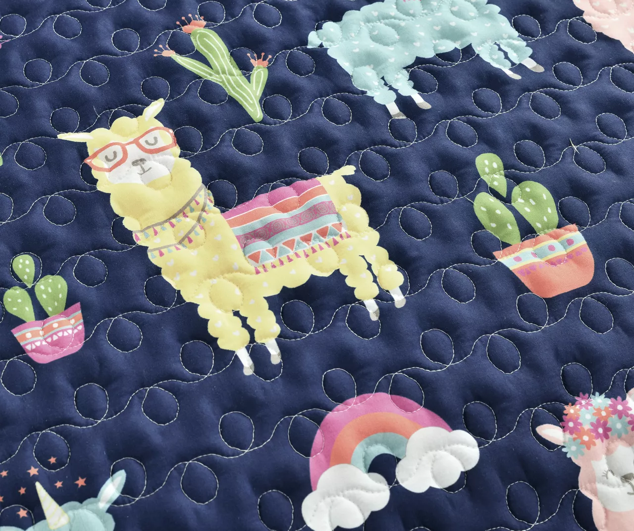 Navy & Pastel Llama Cactus Twin 3-Piece Quilt Set - Image 3