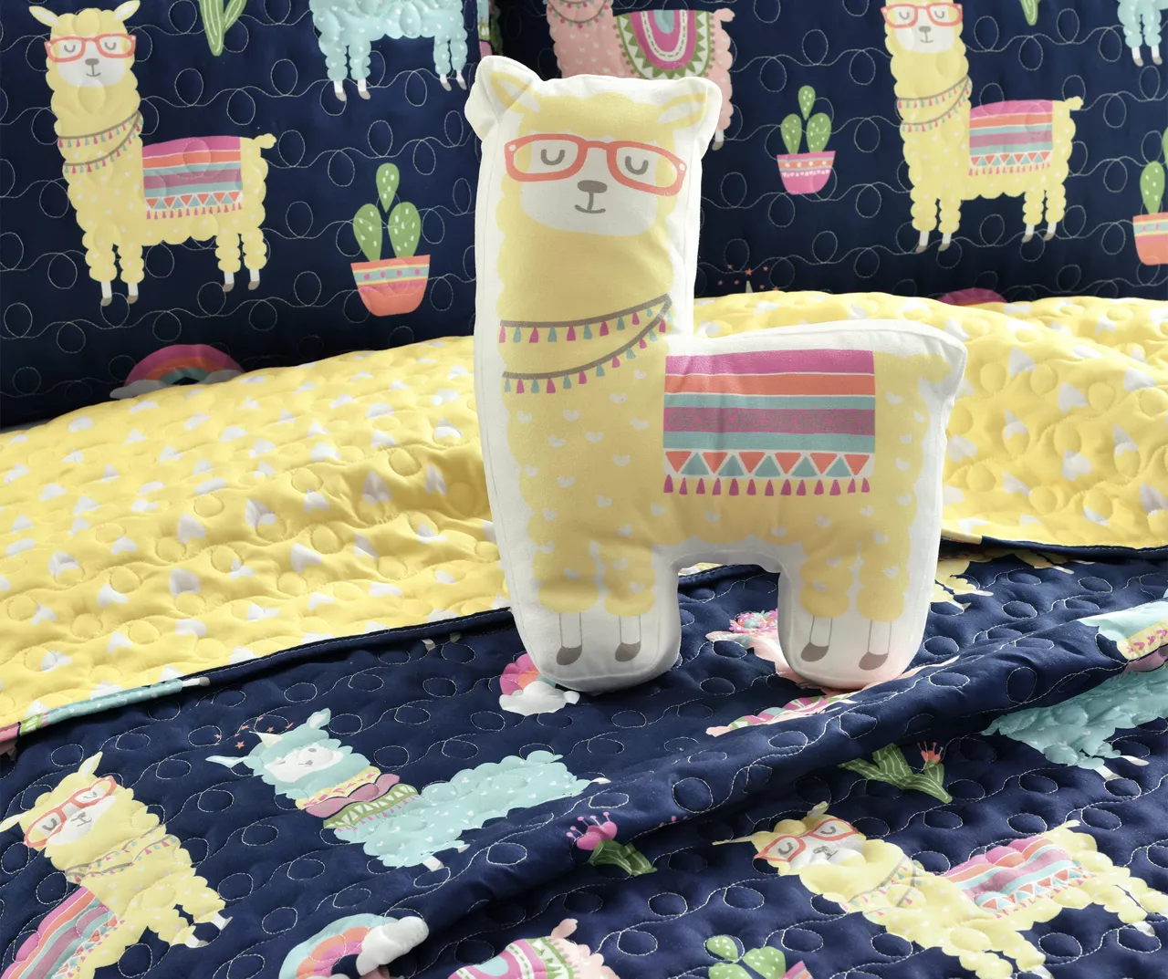 Navy & Pastel Llama Cactus Twin 3-Piece Quilt Set - Image 7