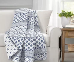 Monique White & Navy Pattern Patchwork Quilted Throw, (50" X 60")