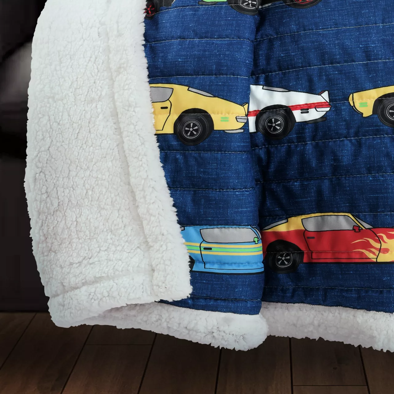 Navy Multicolor Race Cars Quilted Sherpa Throw, (50" X 60") - Image 3