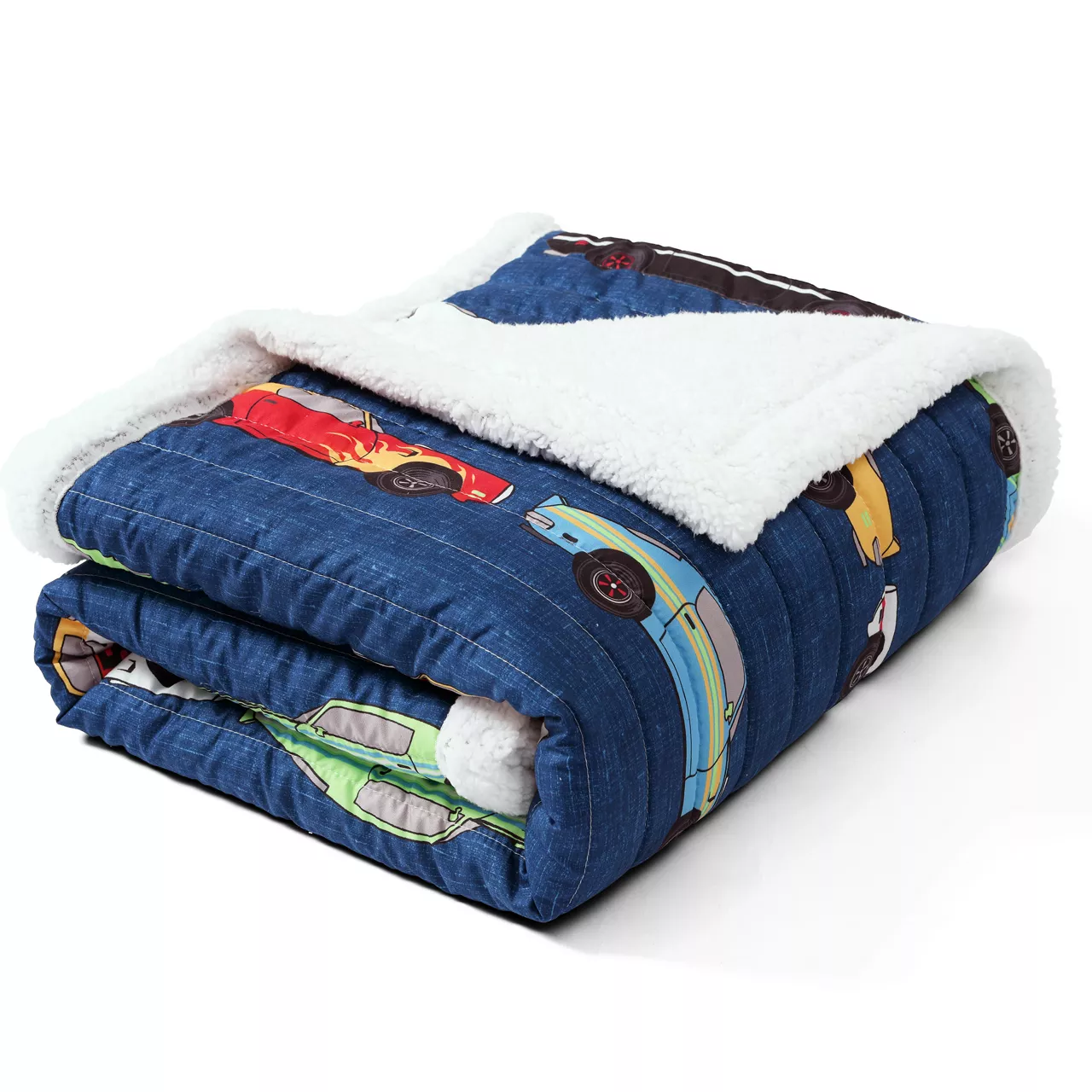 Navy Multicolor Race Cars Quilted Sherpa Throw, (50" X 60")