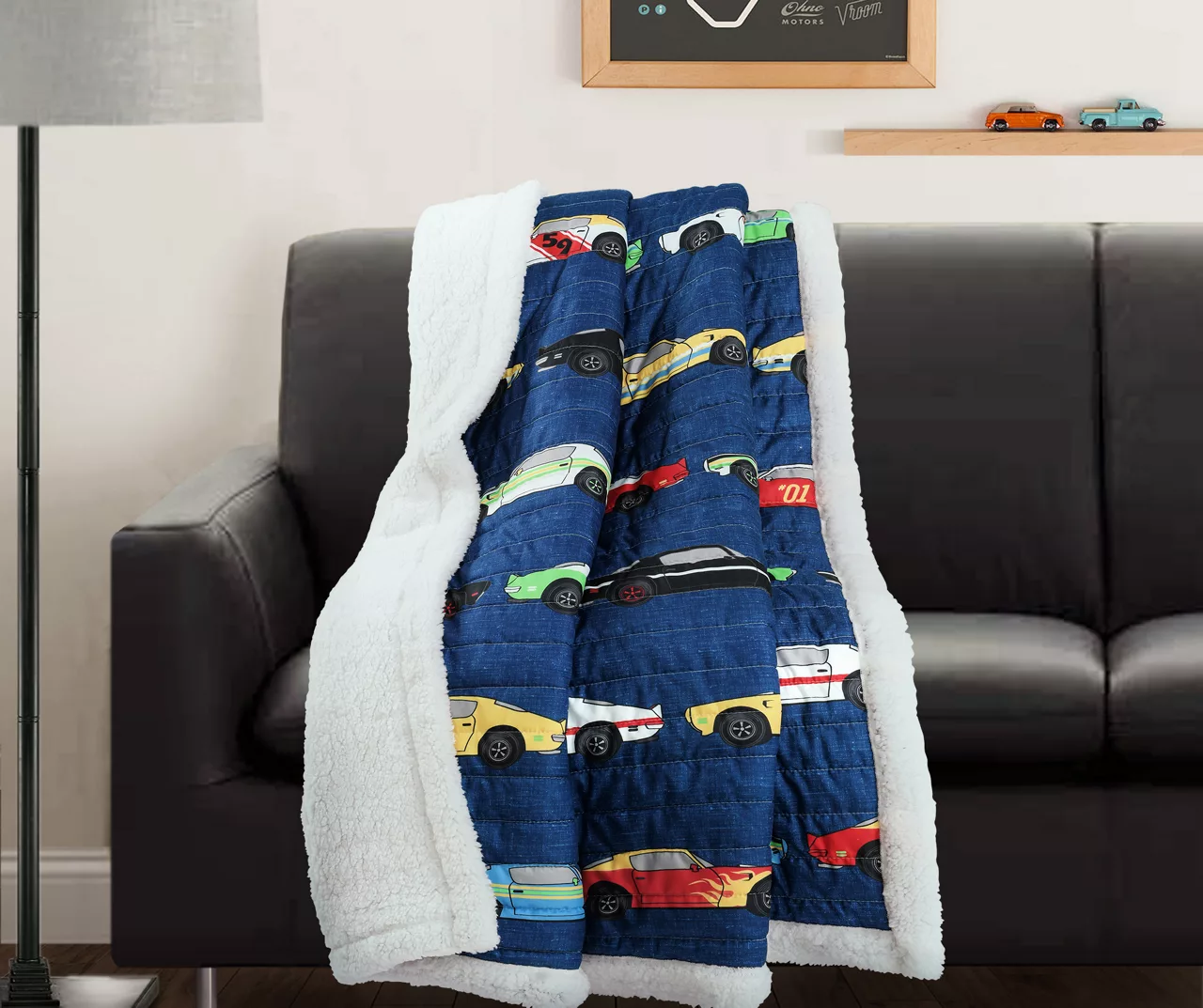 Navy Multicolor Race Cars Quilted Sherpa Throw, (50" X 60") - Image 2