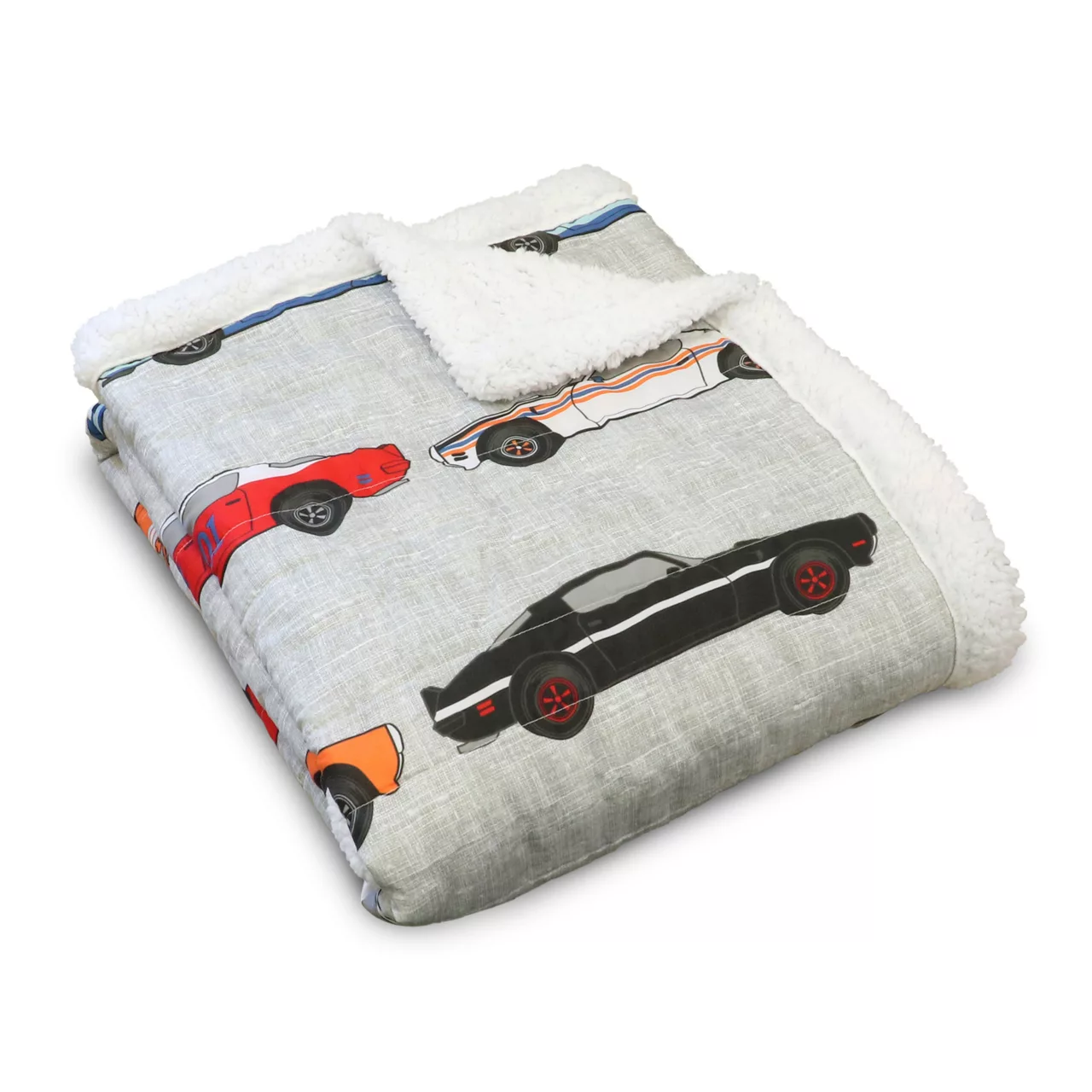 Beige Multicolor Race Cars Quilted Sherpa Throw, (50" X 60")