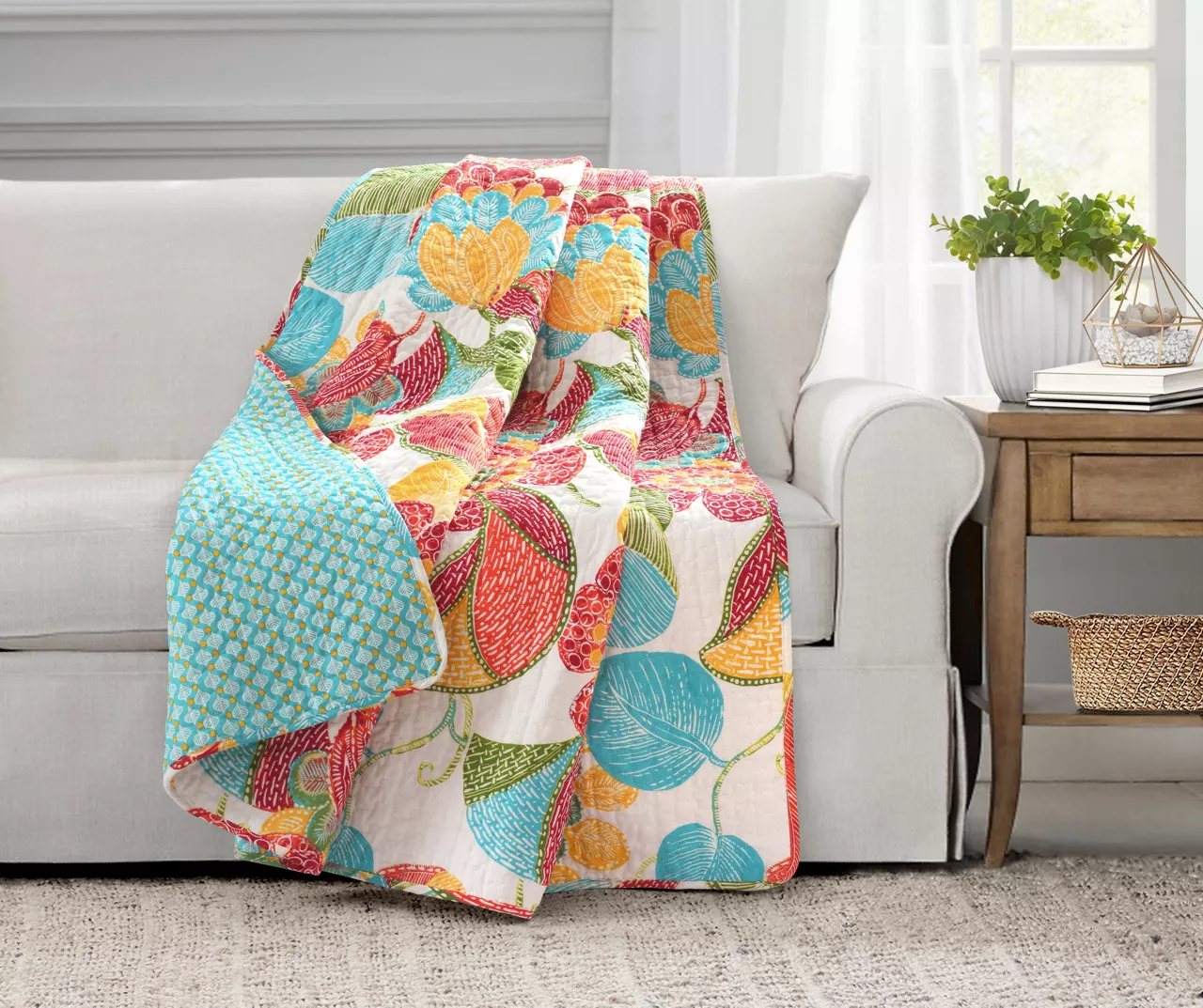 Layla Orange & Blue Floral Quilted Throw, (50" X 60")