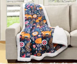 Pixie Navy & Orange Floral Fox Quilted Sherpa Throw, (50" X 60")