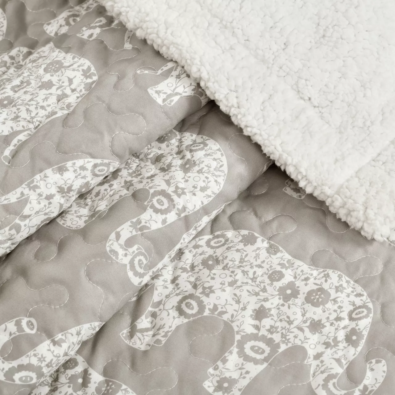 Gray & White Elephant Parade Quilted Sherpa Throw, (50" X 60") - Image 6