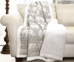 Gray & White Elephant Parade Quilted Sherpa Throw, (50" X 60")