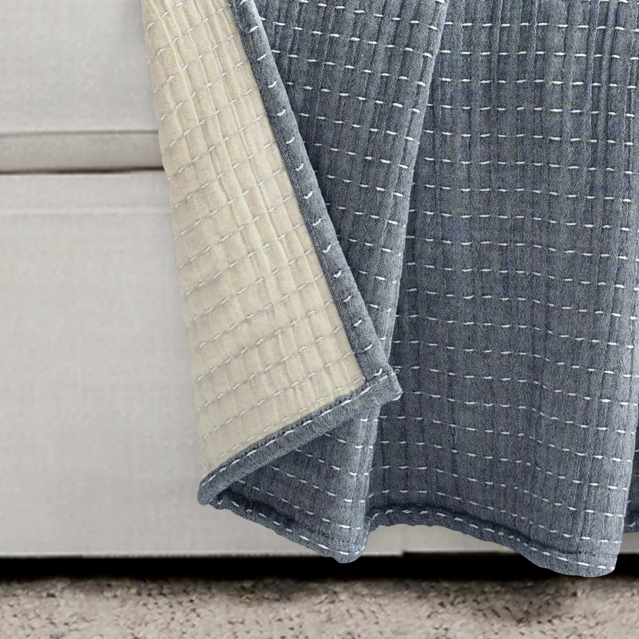 Kantha Navy & Off-White Stitch-Row Throw, (50" X 60") - Image 7