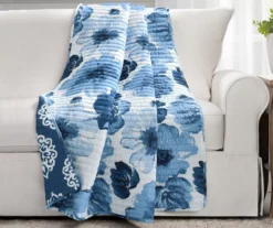 Leah Navy & White Floral Reversible Quilted Throw, (50" X 60")
