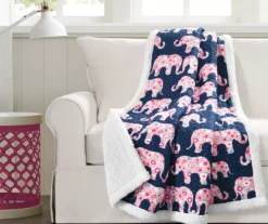 Navy & Pink Elephant Parade Quilted Sherpa Throw, (50" X 60")