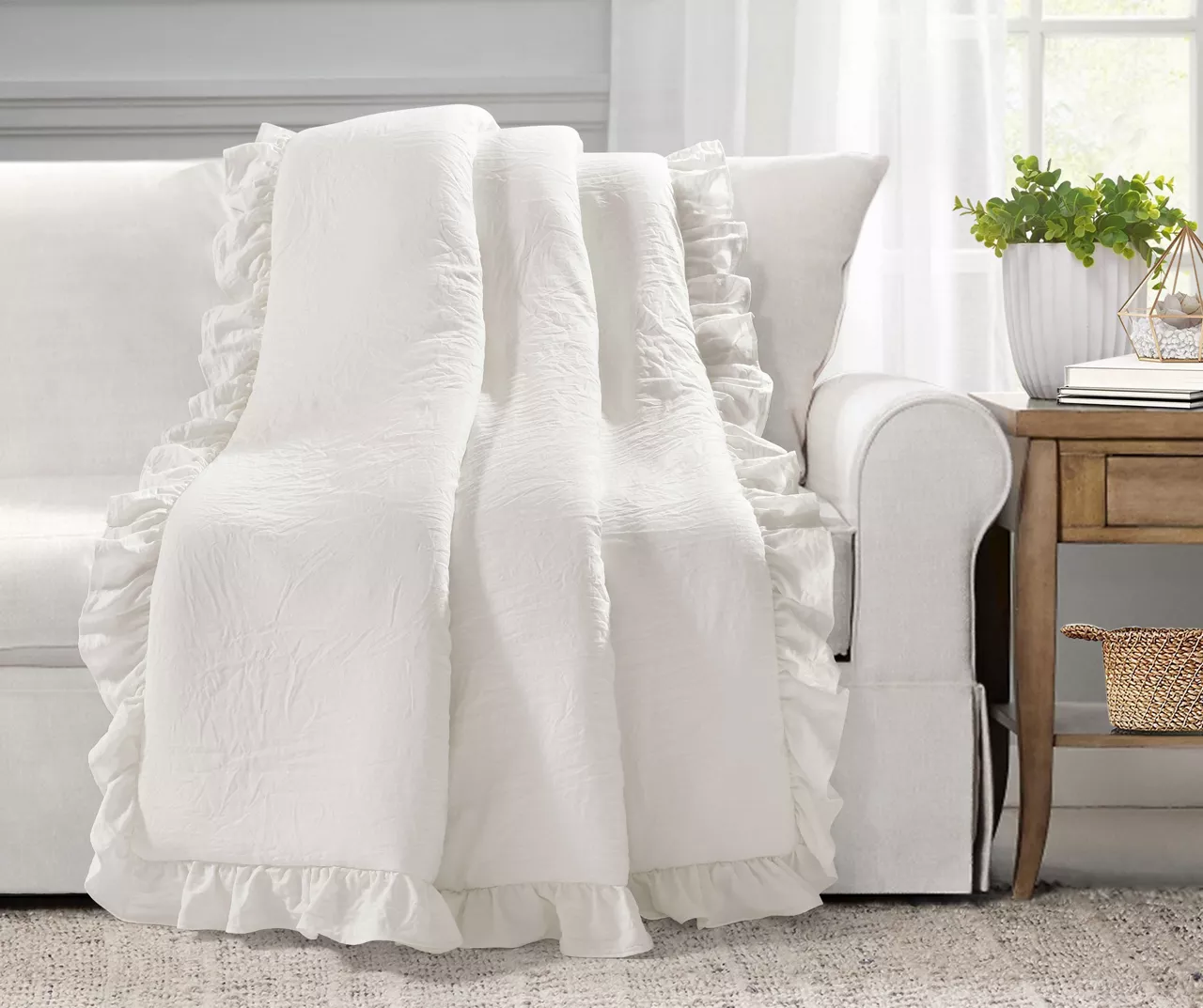 Reyna White Ruffle-Trim Crinkle Throw, (50" X 60")