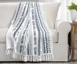 Hygge White & Navy Geometric Stripe Tassel-Fringe Throw, (50" X 60")
