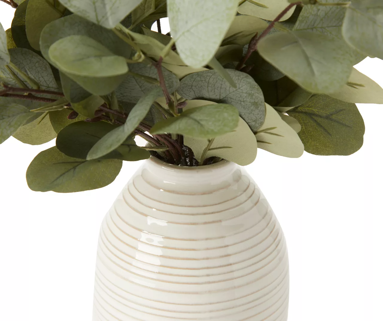 Green Artificial Eucalyptus Arrangement In Cream Stripe Ceramic Vase - Image 2