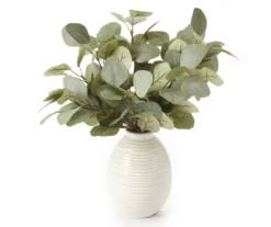 Green Artificial Eucalyptus Arrangement In Cream Stripe Ceramic Vase