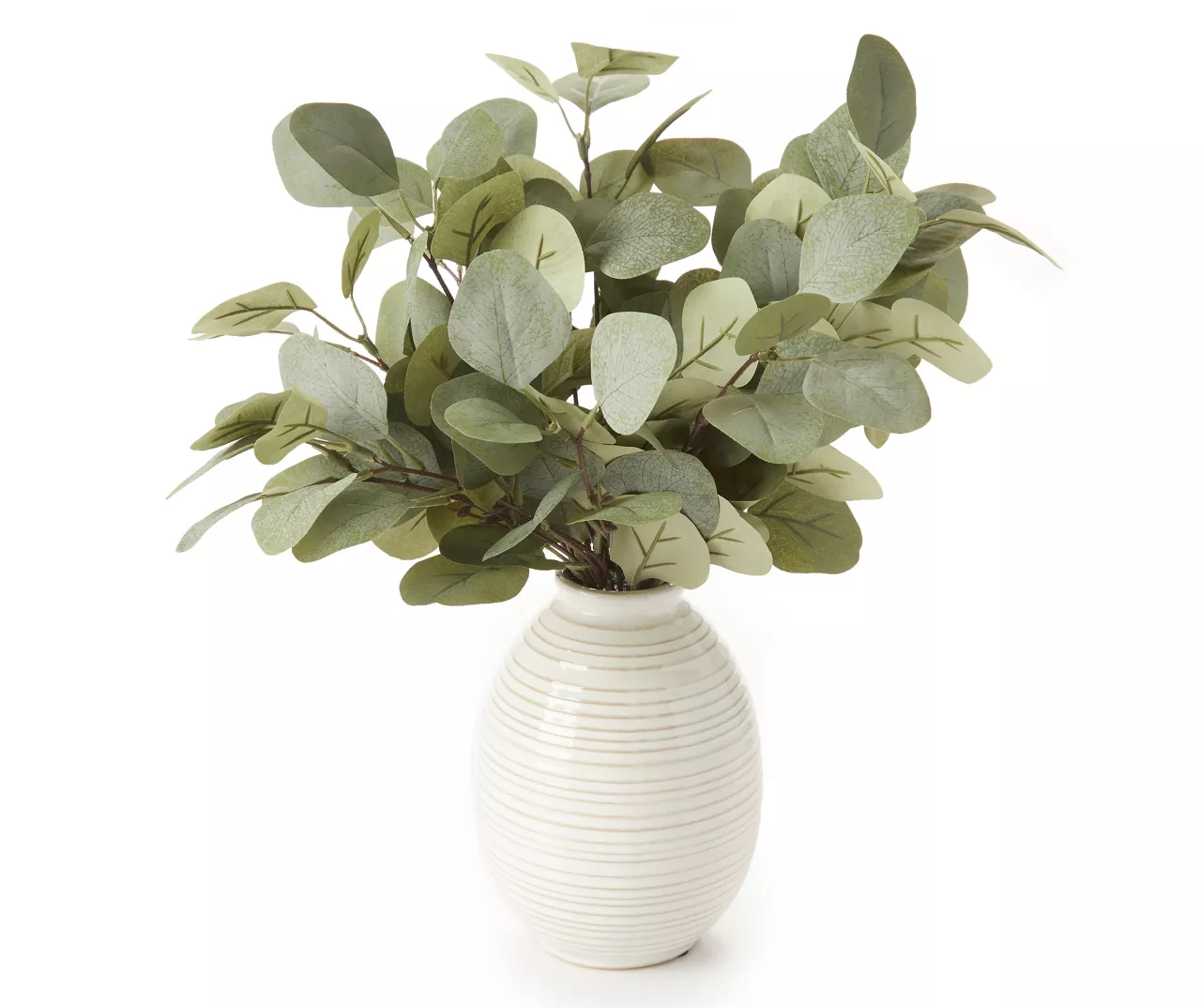 Green Artificial Eucalyptus Arrangement In Cream Stripe Ceramic Vase