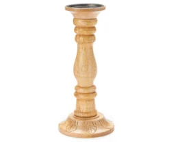 Brown Carved Wood Finial Pillar Candle Holder, (12")