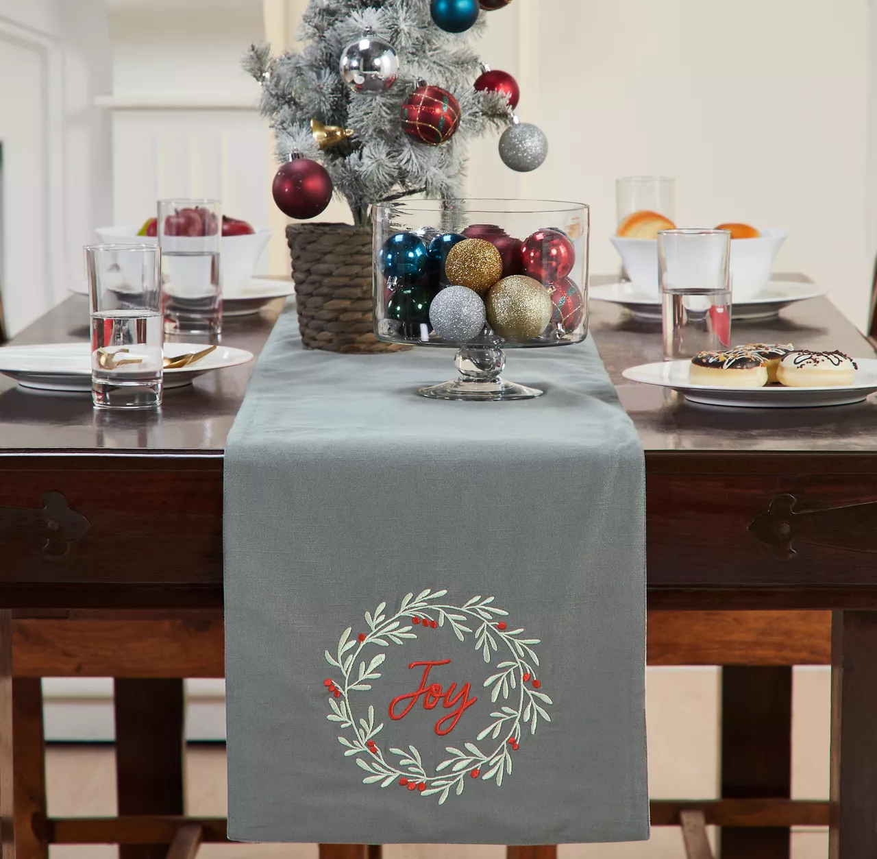 Home For The Holidays "Joy" Gray & Red Wreath Table Runner - Image 2