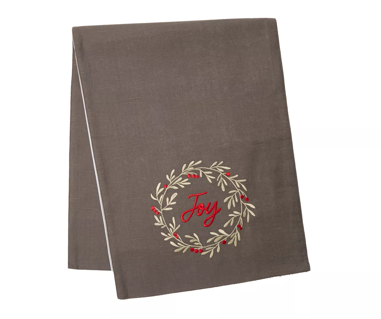 Home For The Holidays "Joy" Gray & Red Wreath Table Runner
