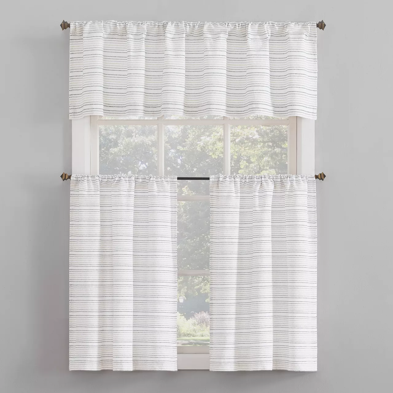 Jemma White & Black Dash Stripe Light-Filtering Rod Pocket Tier & Valance Curtain Set, (36" X 58")