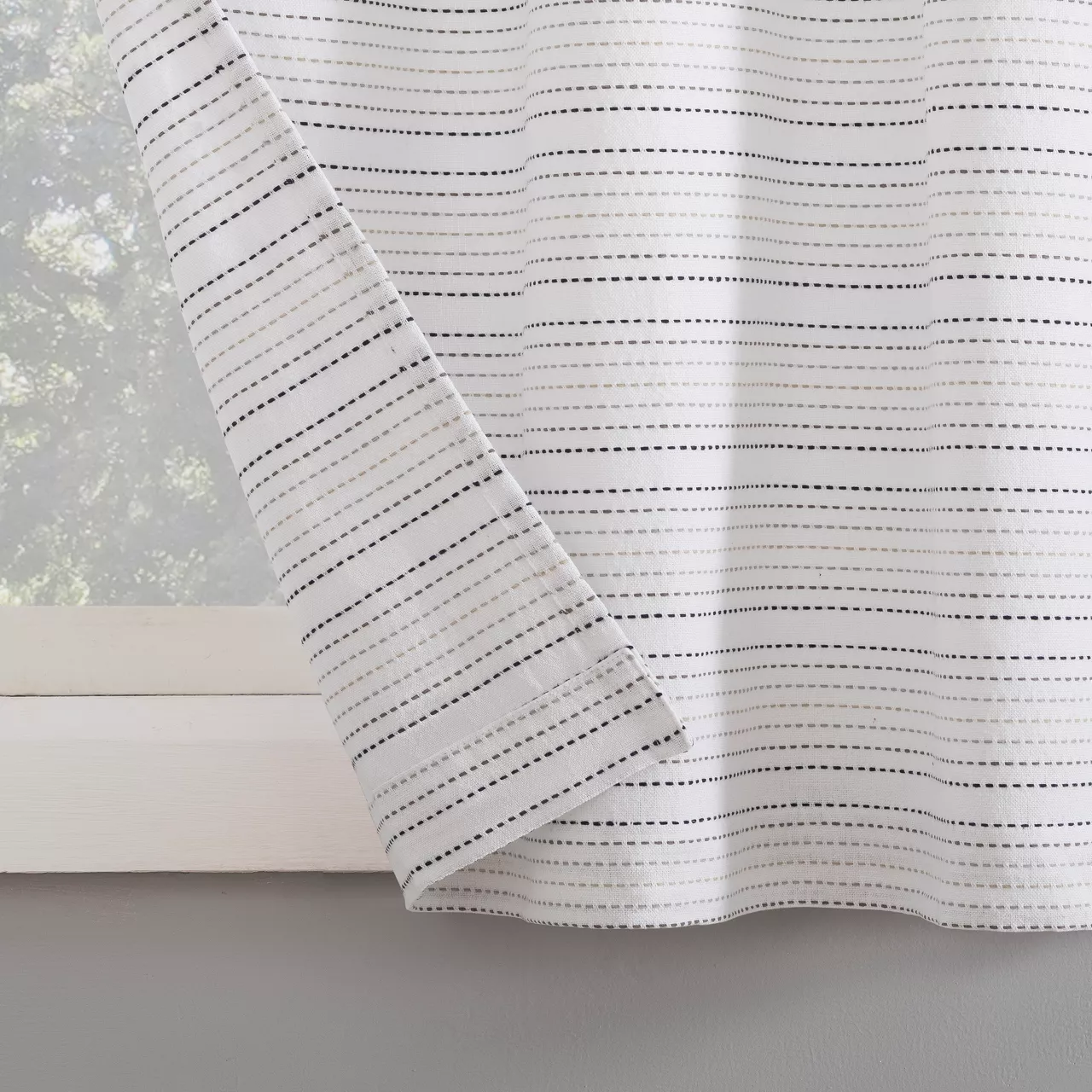 Jemma White & Black Dash Stripe Light-Filtering Rod Pocket Tier & Valance Curtain Set, (36" X 58") - Image 3