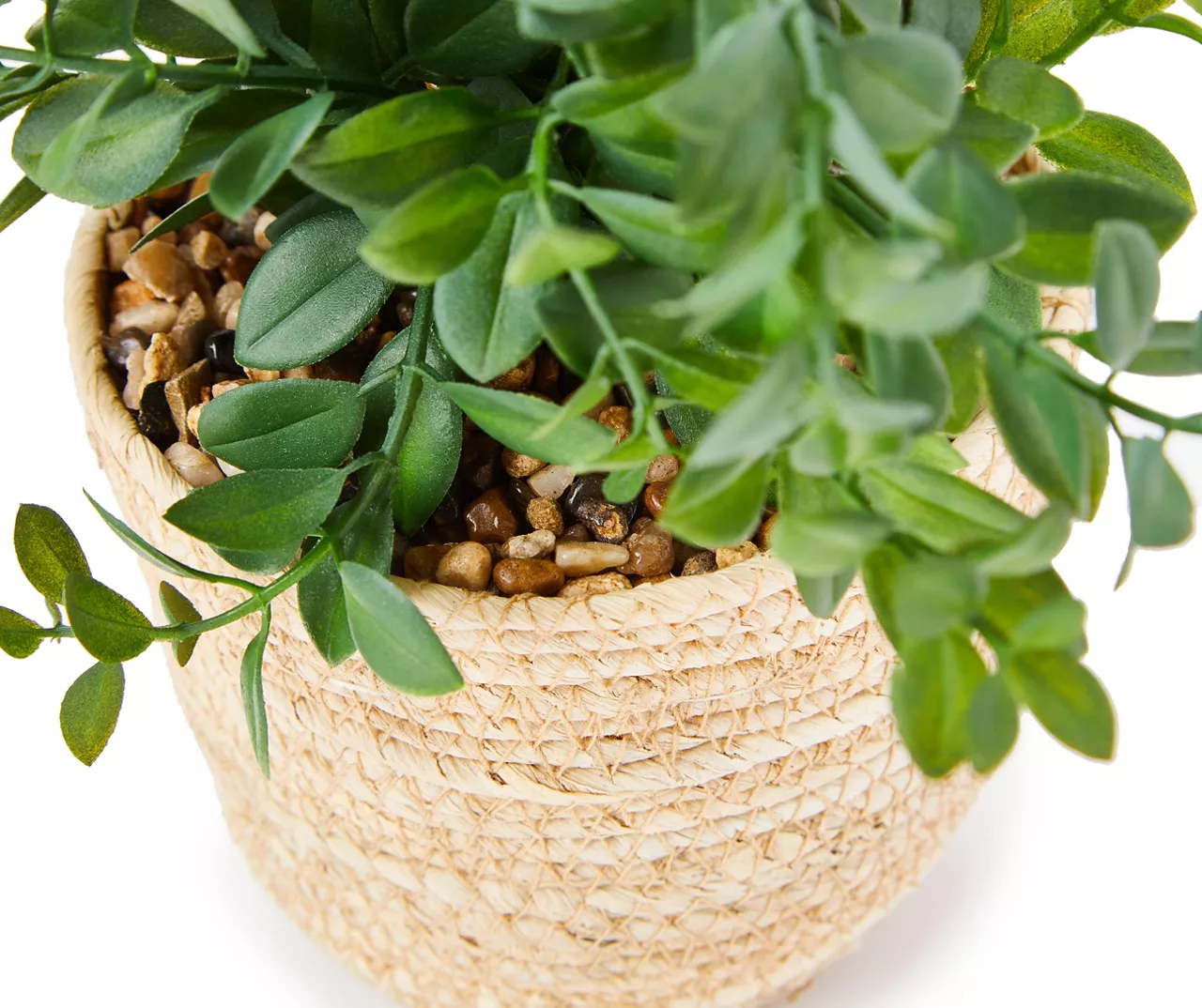 Green Artificial Leafy Plant Arrangement With Brown Woven Pot - Image 2