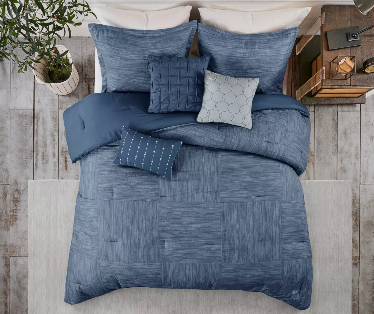 Kelan Navy Streak Patchwork Seersucker California King 7-Piece Comforter Set - Image 2