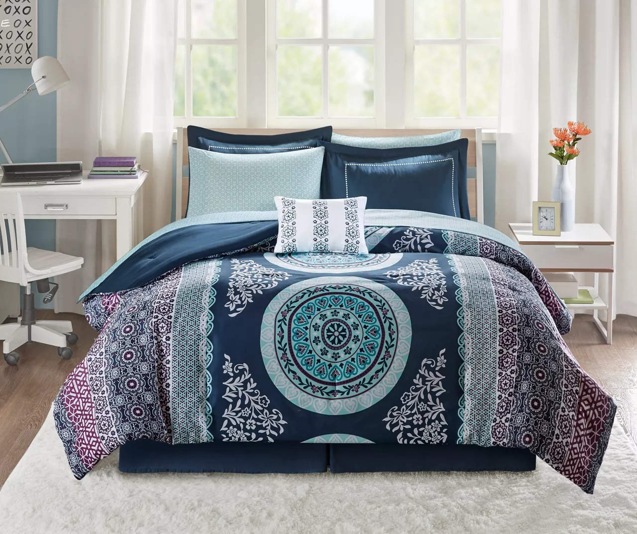 Blaire Navy & Aqua Boho Medallion Full 10-Piece Comforter Set