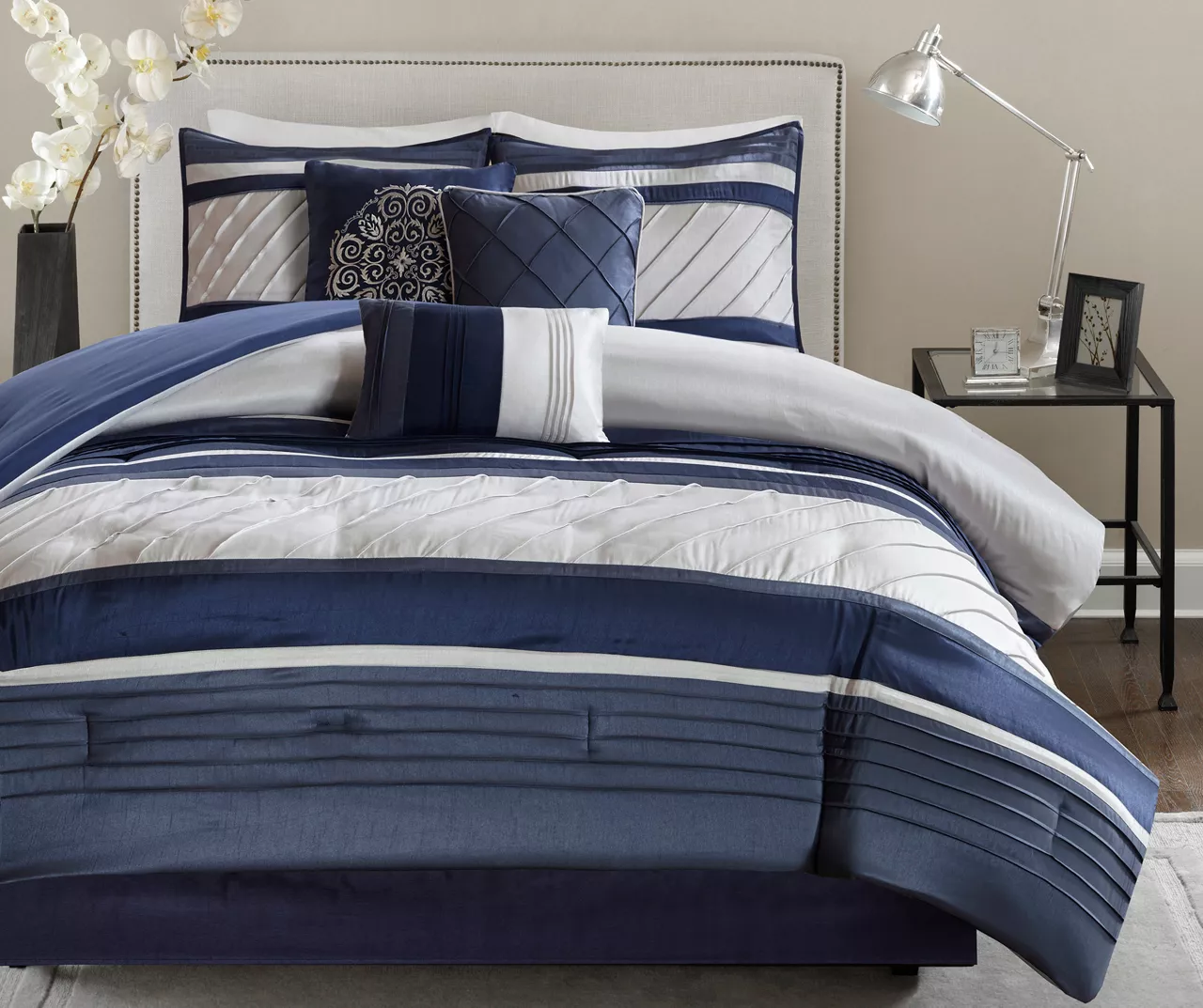 Burnett Navy & White Color Block Pintuck California King 7-Piece Comforter Set