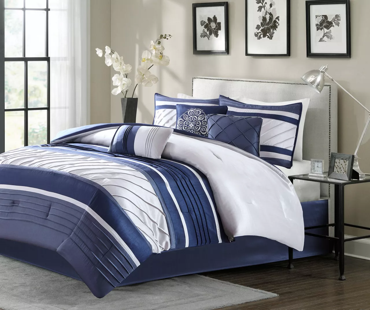 Burnett Navy & White Color Block Pintuck California King 7-Piece Comforter Set - Image 2