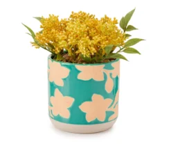 Yellow Artificial Yarrow With Blue Floral Ceramic Pot
